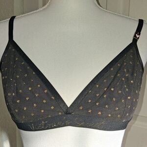 Victoria's Secret Black Logo Bralette with Gold Glitter Polka Dots. Size L. NWOT